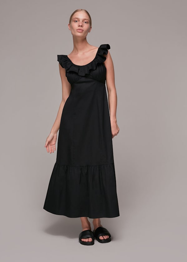 Black Jemma Frill Poplin Midi Dress