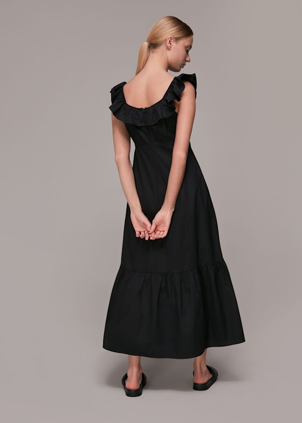 Black Jemma Frill Poplin Midi Dress