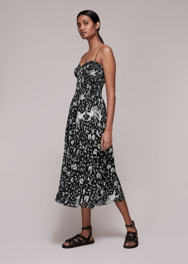 Black Amelie Bird Silk Mix Dress