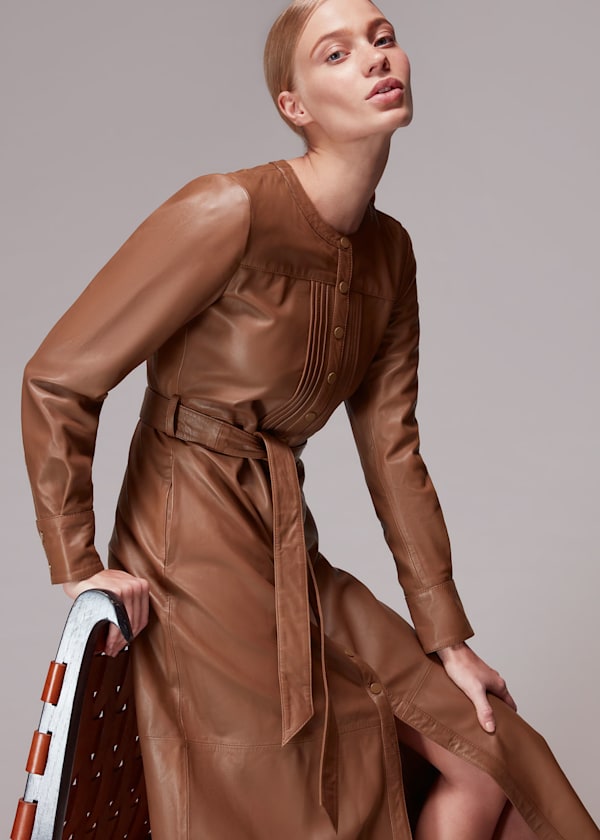 Toffee Pintuck Leather Midi Dress