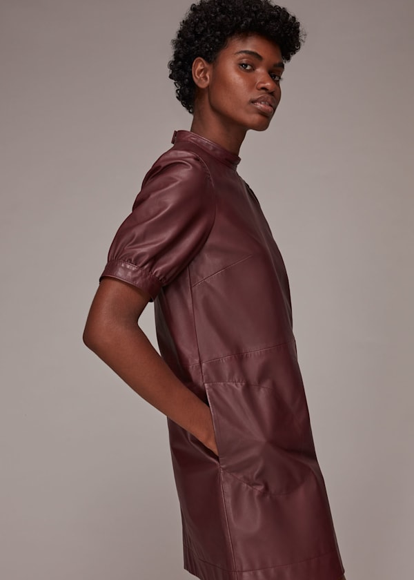 Burgundy Puff Sleeve Leather Dress