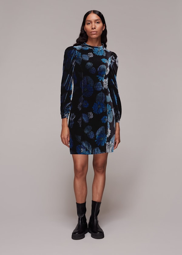 Blue Cactus Print Velvet Dress