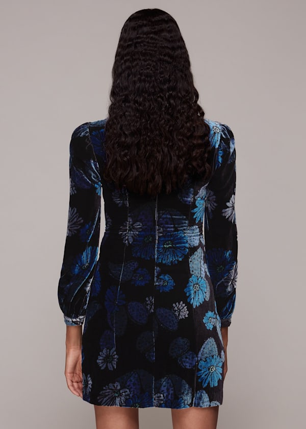 Blue Cactus Print Velvet Dress