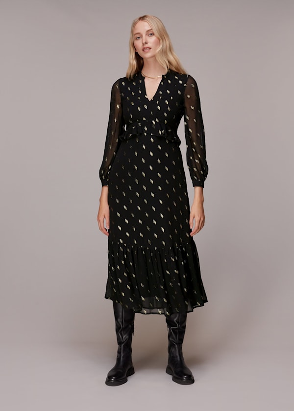 Black Dobby Metallic Midi Dress