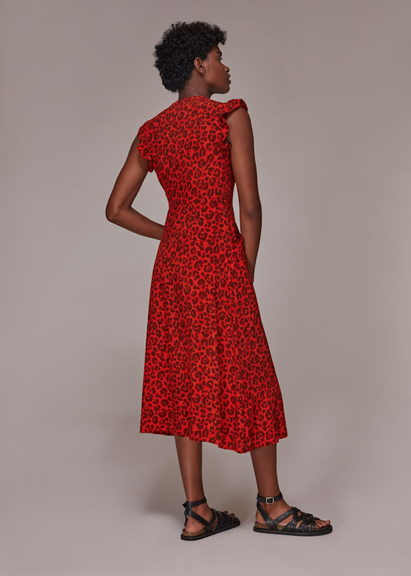 Red Animal Frill Sleeve Midi Dress