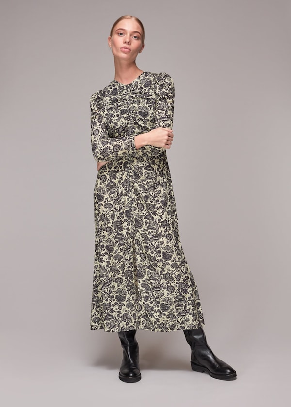 Multicolour Folk Floral Silk Ruched Dress