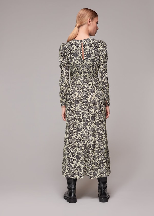 Multicolour Folk Floral Silk Ruched Dress