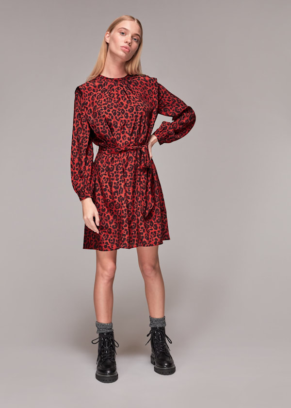 Red Belted Animal Print Dress