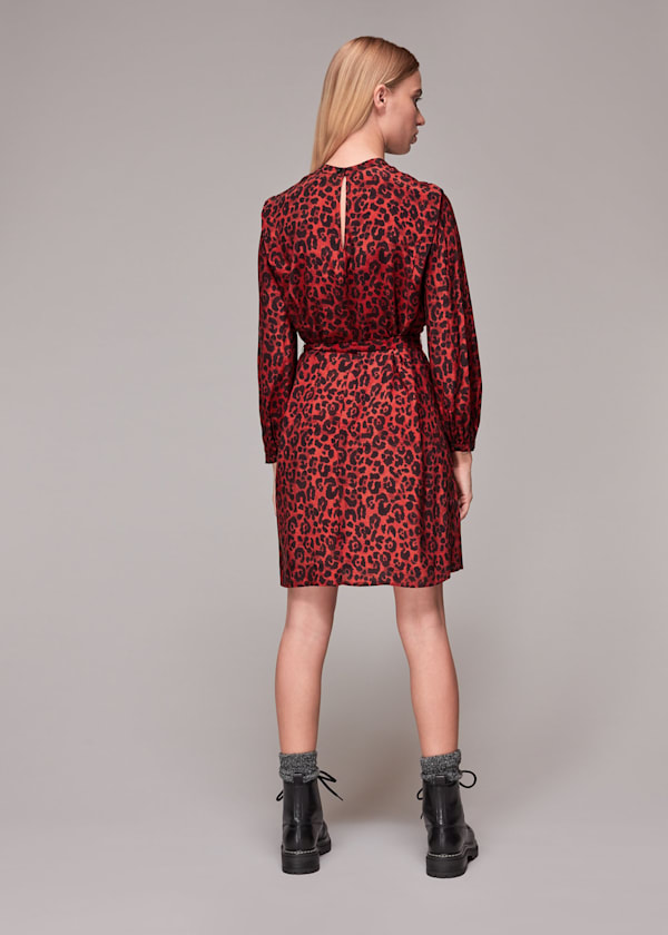 Red Belted Animal Print Dress