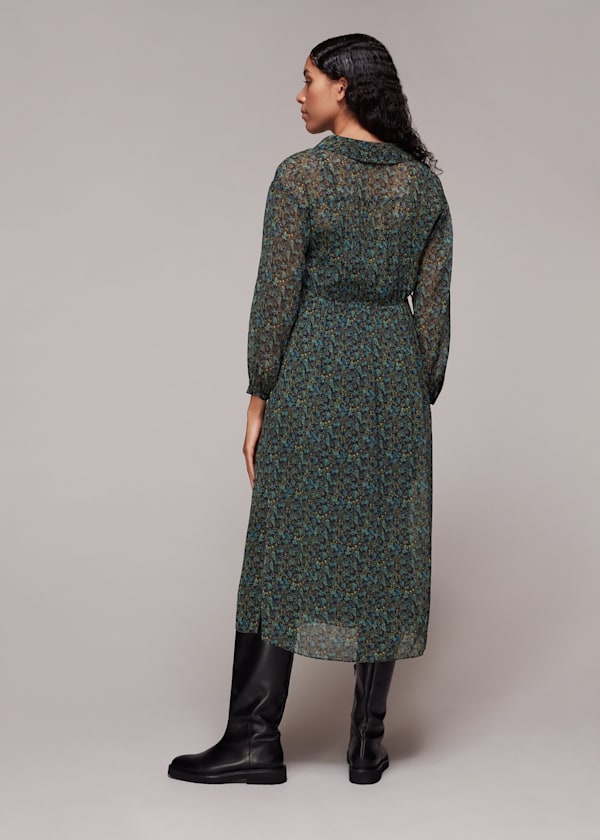 Green Stitch Floral Print Midi Dress