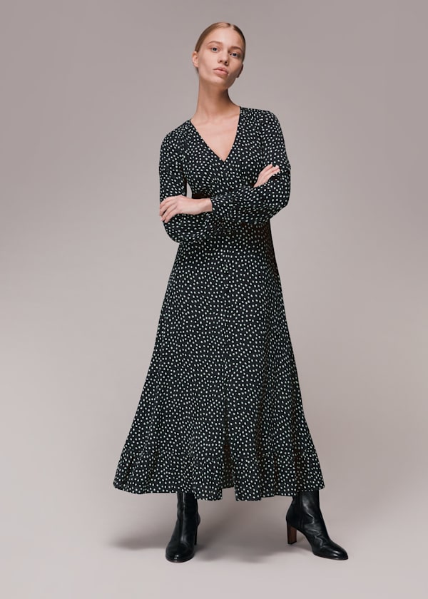 Black Stamp Spot Print Midi Dress