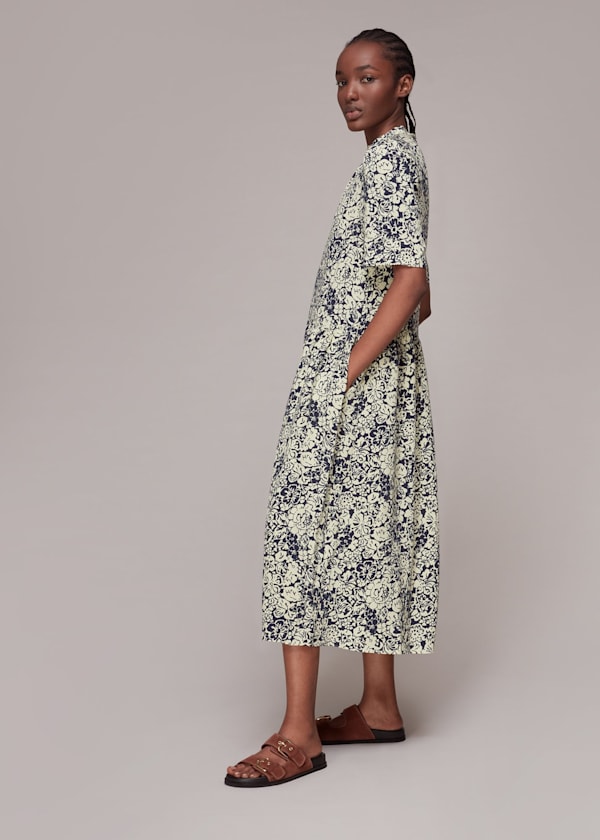Navy Graphic Floral Trapeze Dress