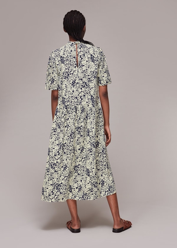 Navy Graphic Floral Trapeze Dress