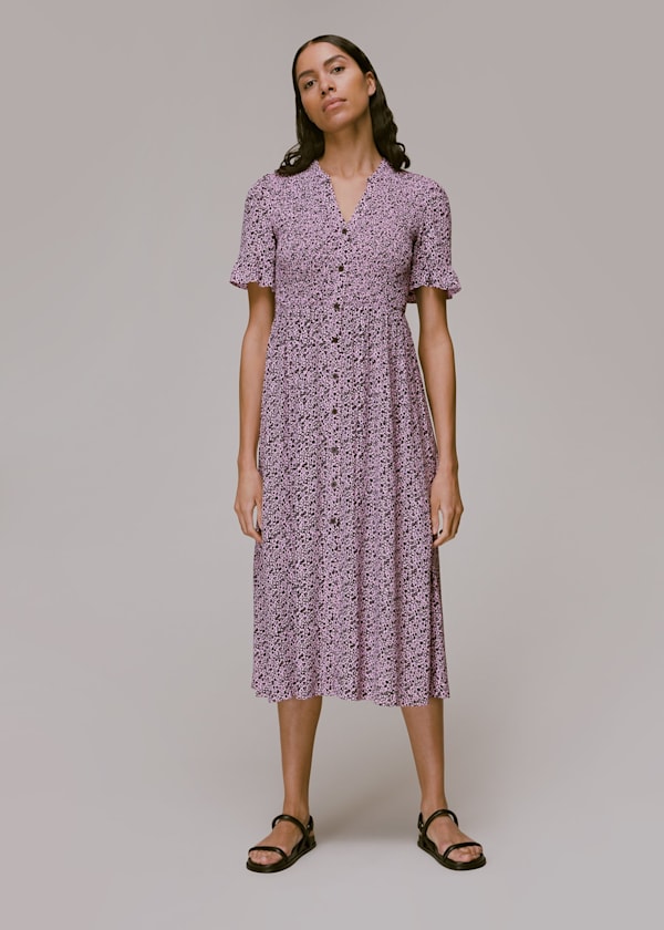 Pink Aria Flower Stamp Midi Dress