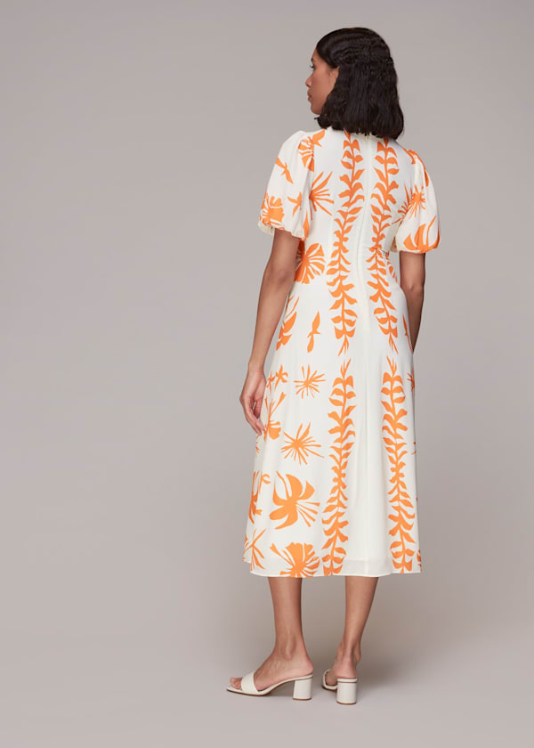 Orange Cora Big Leaf Print Silk Dress