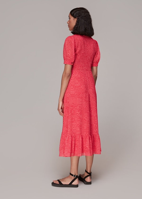 Pink Shirred Checkerboard Dress