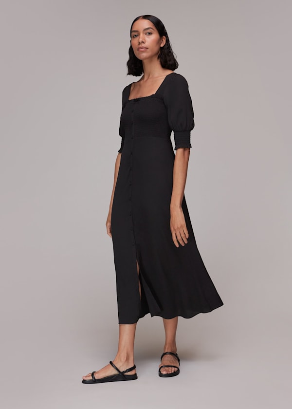 Black Luna Shirred Bodice Midi Dress