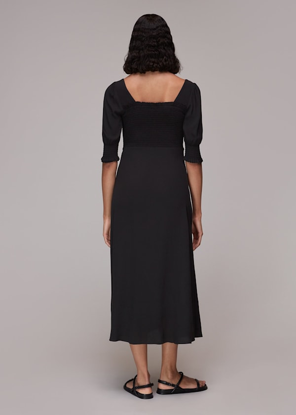 Black Luna Shirred Bodice Midi Dress