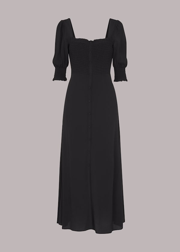 Black Luna Shirred Bodice Midi Dress