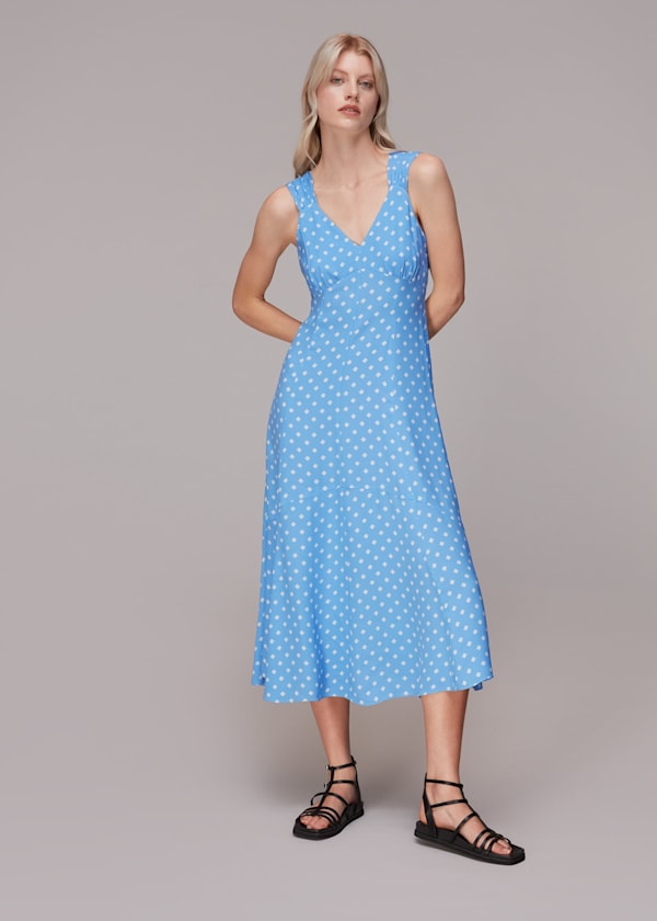 Blue Rounded Leaf Print Midi Dress