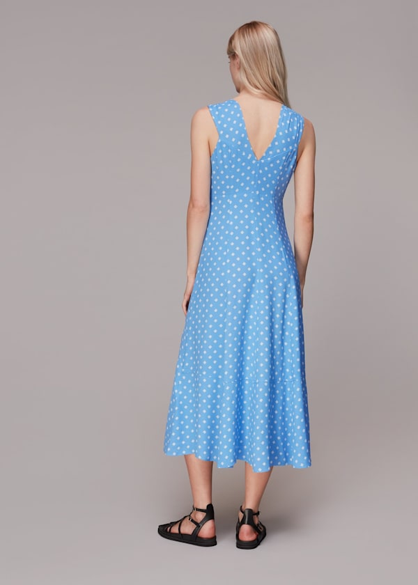 Blue Rounded Leaf Print Midi Dress
