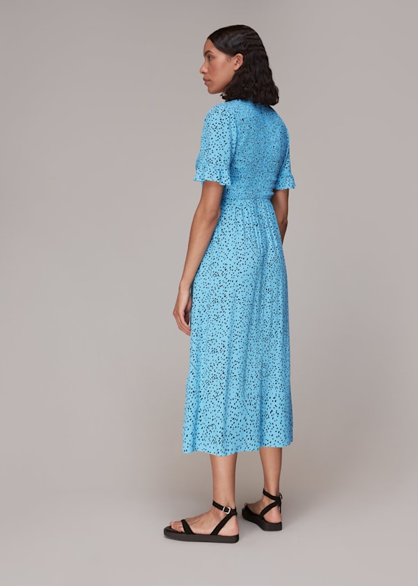 Blue Spotted Dot Shirred Midi Dress