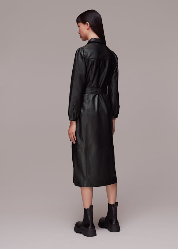 Black Phoebe Leather Shirt Dress