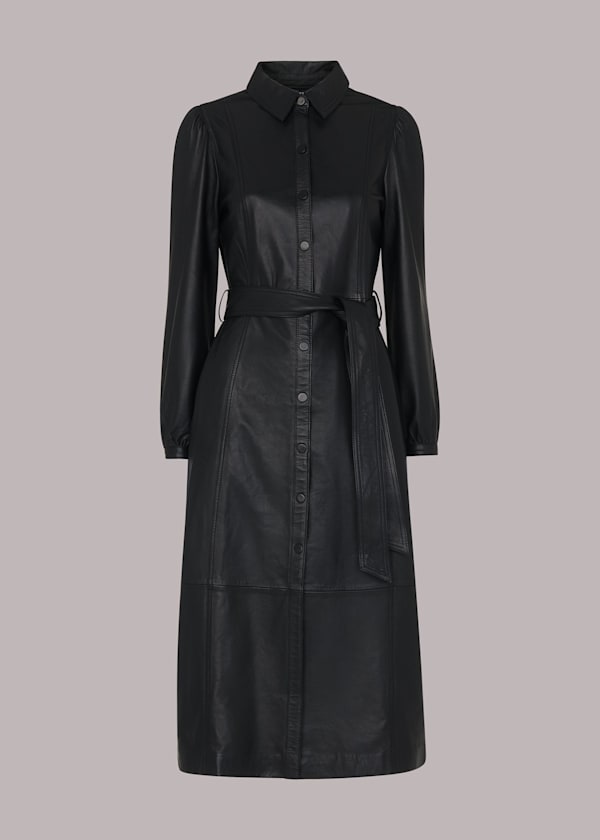 Black Phoebe Leather Shirt Dress
