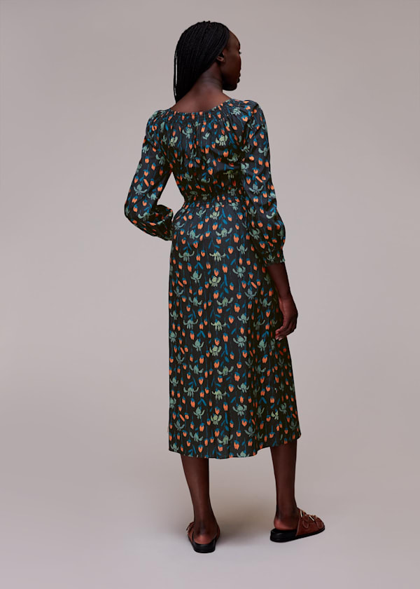 Black Tulips Print Poplin Midi Dress