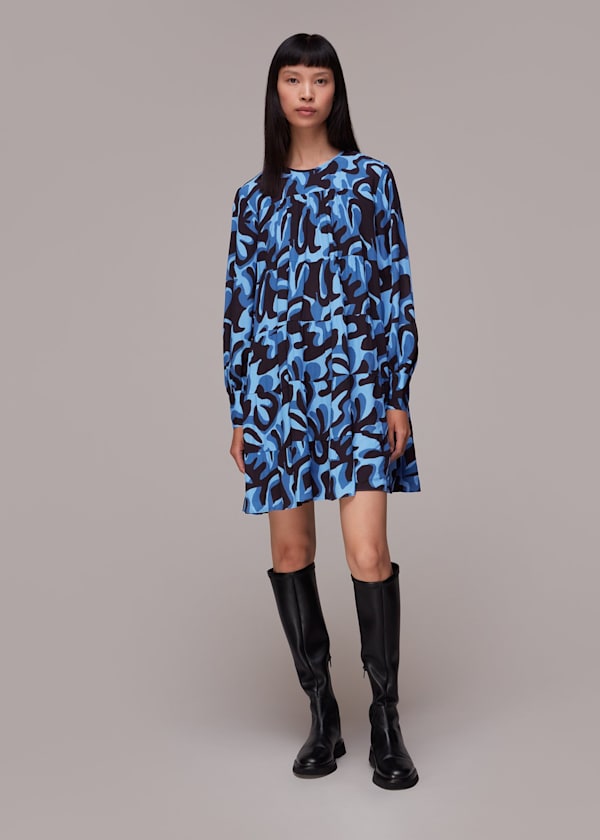 Blue Foliage Print Tiered Dress