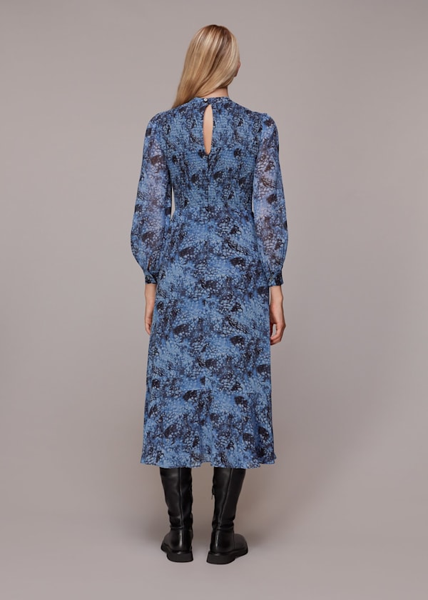 Blue Snow Flurry Shirred Midi Dress