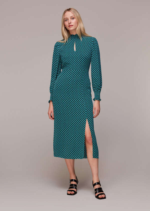 Green Star Check Print Midi Dress
