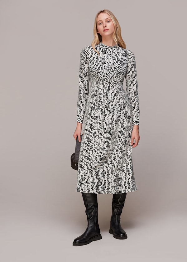 Ivory Wiggle Print Silk Midi Dress