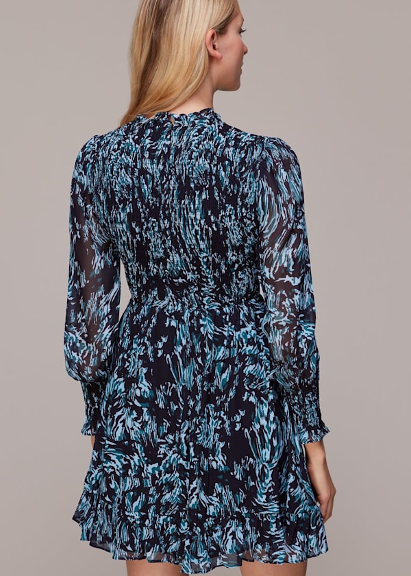 Blue Wood Tiger Shirred Dress