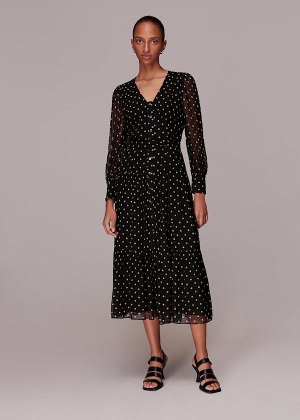 Black Spot Textured Midi Dress