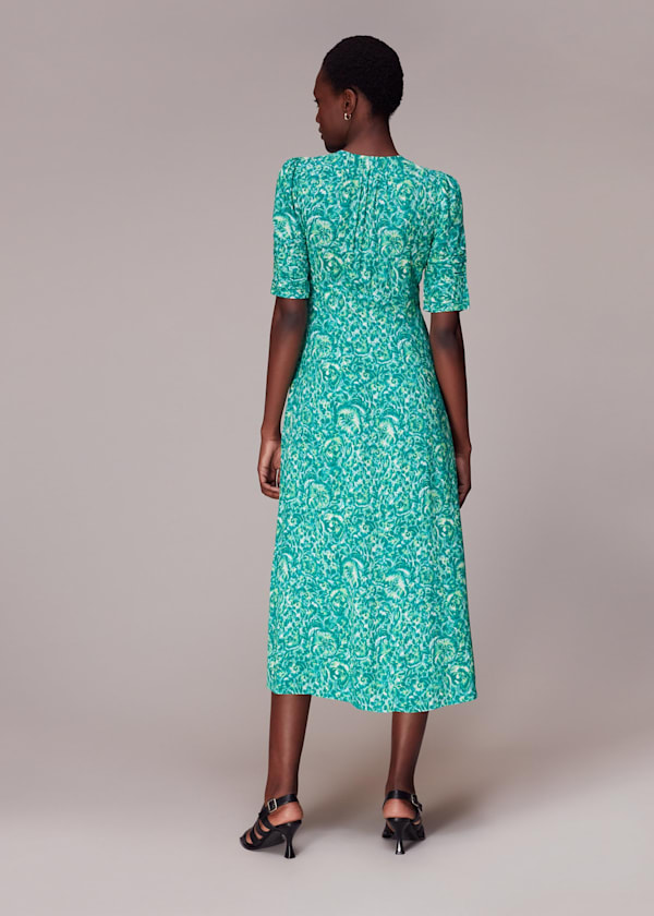 Green Clouded Floral Tie Midi Dress