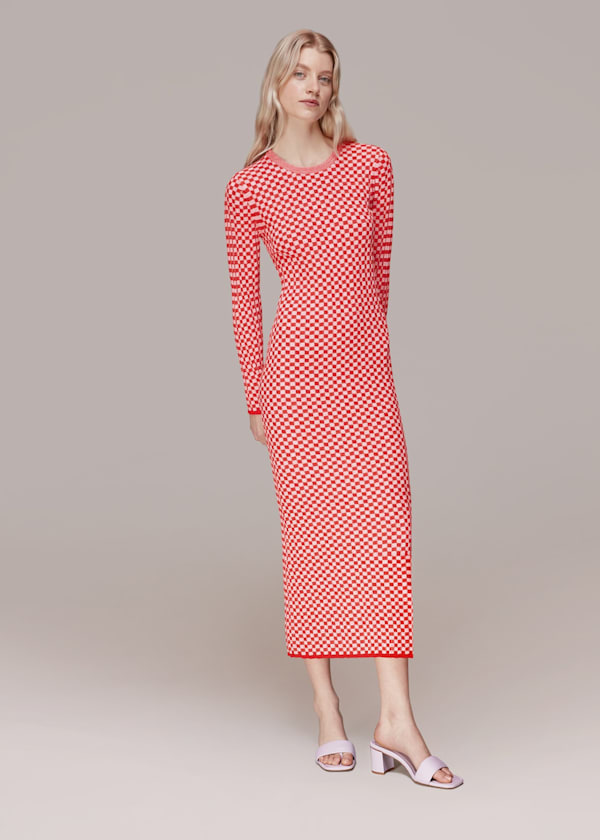 Red Checkerboard Knit Midi Dress