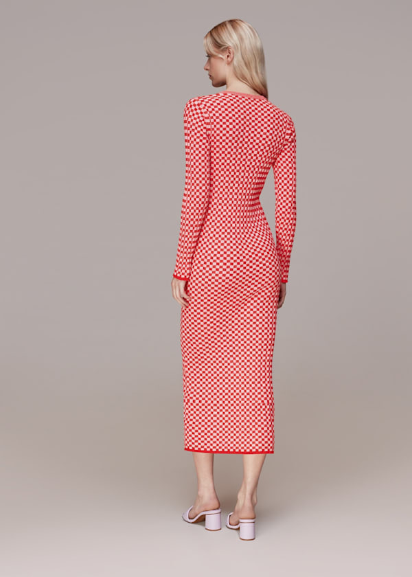 Red Checkerboard Knit Midi Dress