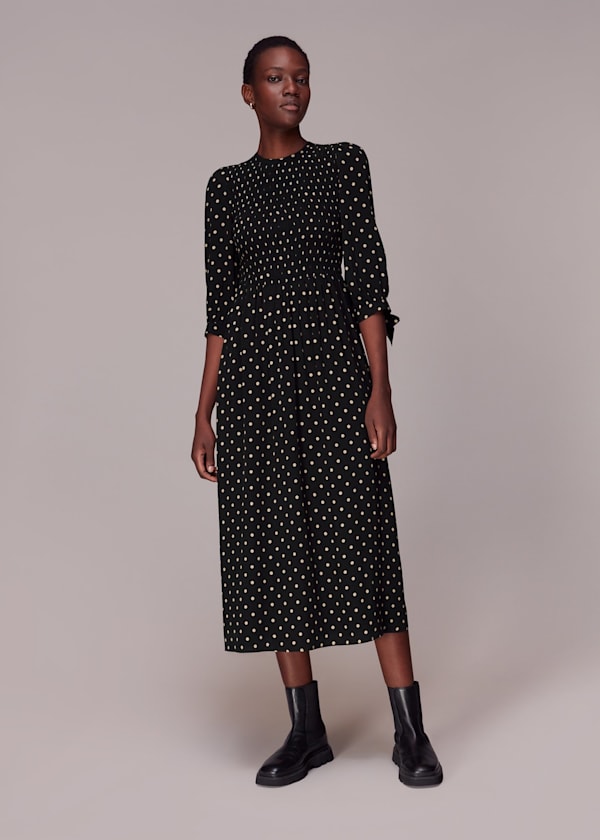 Black Shirred Spot Midi Dress