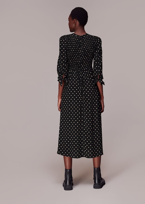 Black Shirred Spot Midi Dress