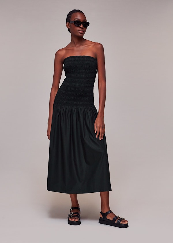Black Shirred Bandeau Poplin Dress