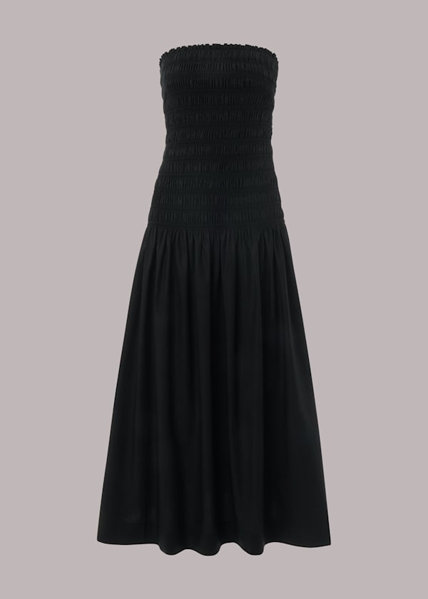 Black Shirred Bandeau Poplin Dress
