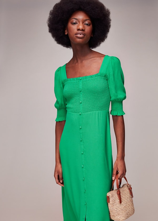 Green Luna Shirred Bodice Midi Dress