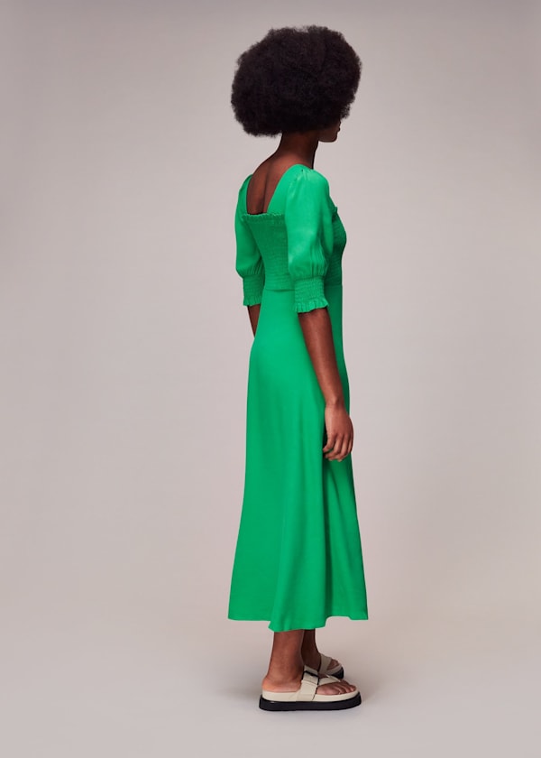Green Luna Shirred Bodice Midi Dress