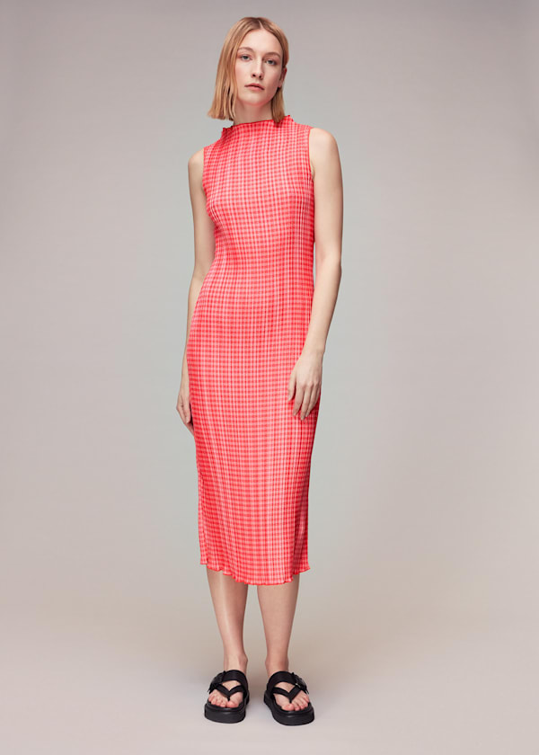 Pink Houndstooth Plisse Midi Dress