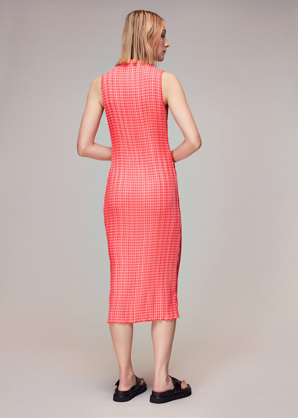 Pink Houndstooth Plisse Midi Dress