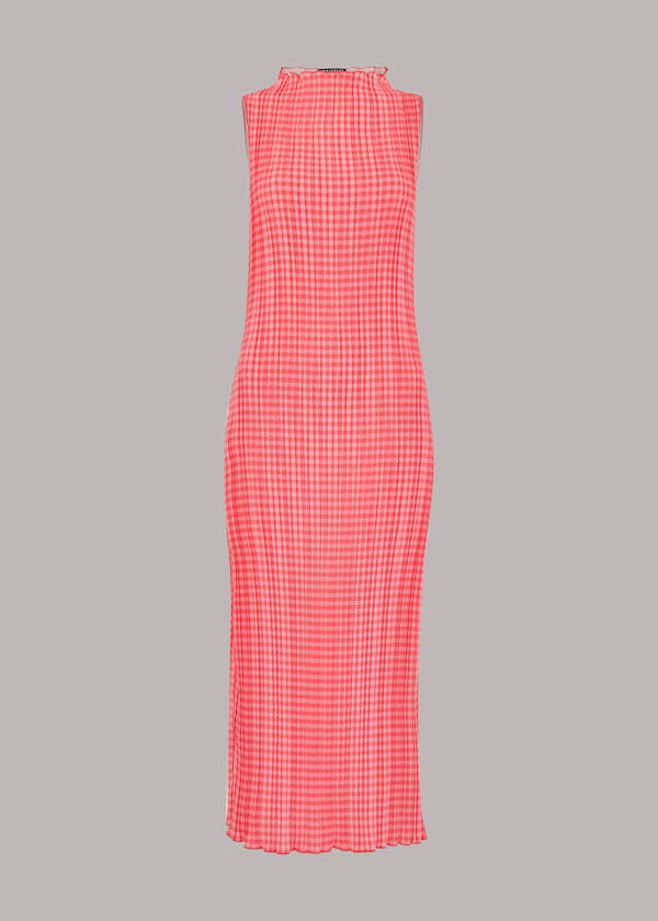 Pink Houndstooth Plisse Midi Dress