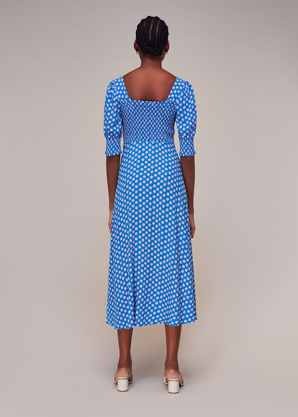Blue Floral Sunburst Shirred Dress