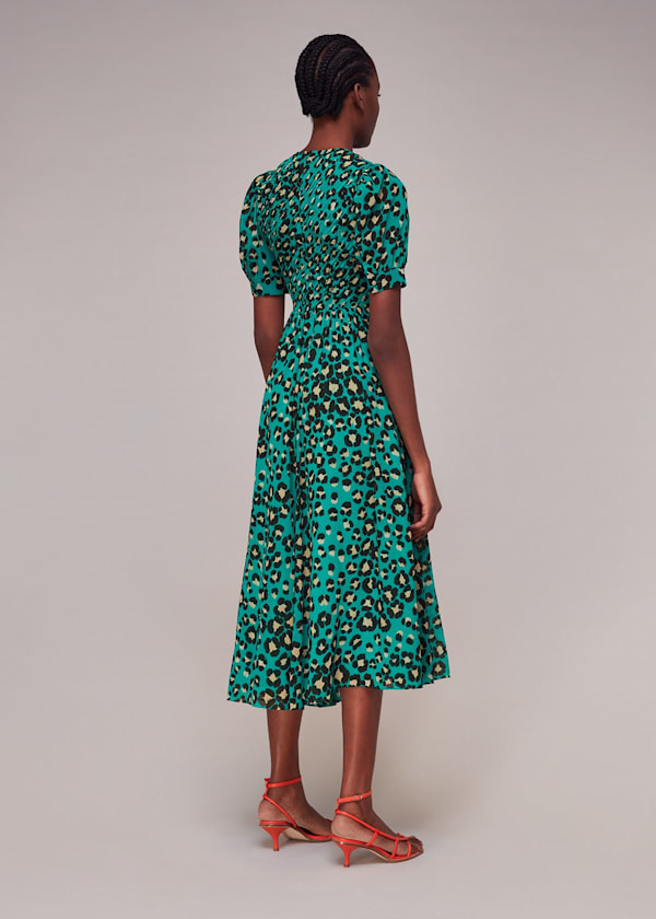 Green Painted Leopard Shirred Dress