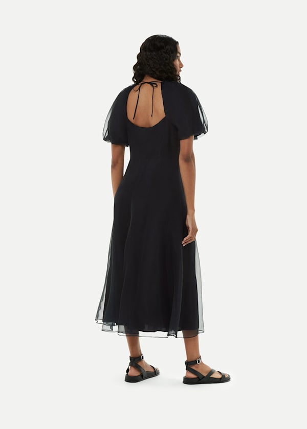 Black Organza Silk Puff Sleeve Dress